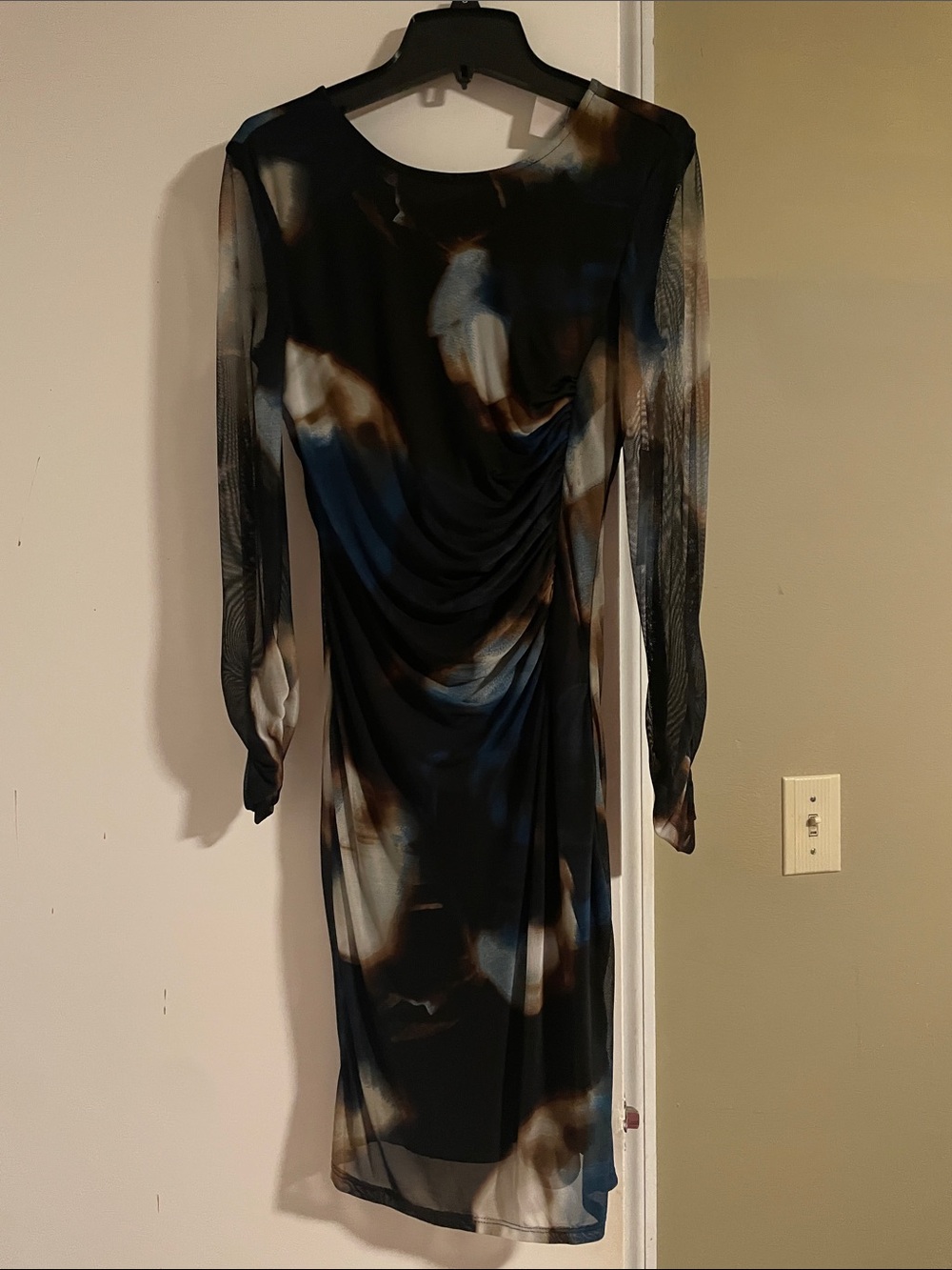 DKNYC Black Sheath Dress with Blue and Brown Abstract Print
